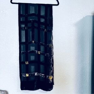 Fraas Gorgeous Long Scarf Black Deep Eggplant & Golden Gray Block Velvet Pattern